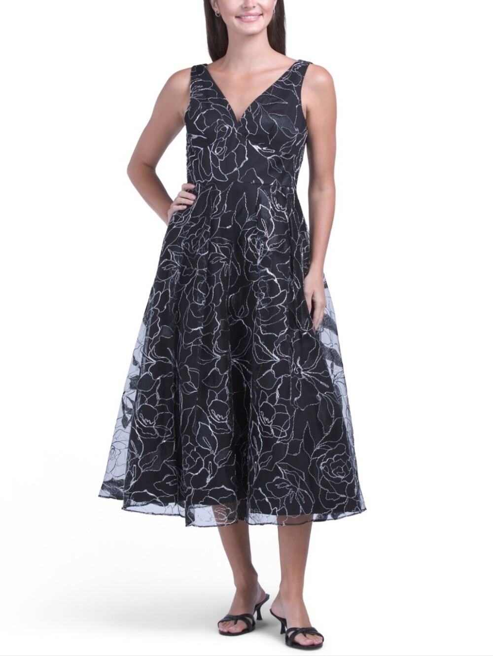 Tahari Asl Women's Black Silver Soutache Sleeveless V Neck Cocktail Dress
